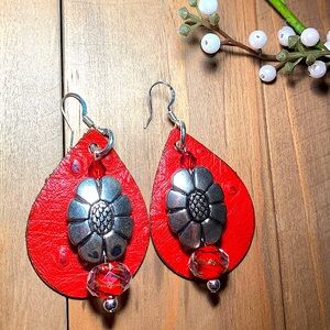 Red ostrich leather with silver flier and red heart crystal beads